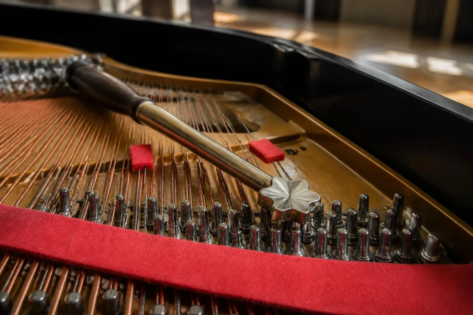 Clé d’accord posée sur les chevilles d’un piano à queue, cordes et bandes de feutre visibles