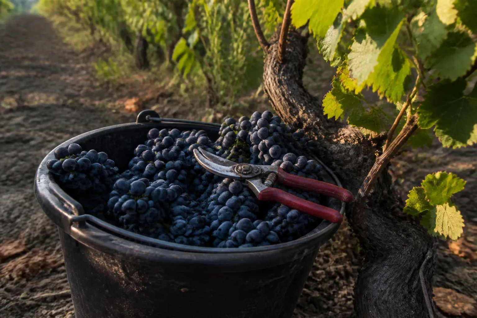 Un seau de vendange rempli de grappes noires posé au pied d’un cep, un sécateur en travers du bord.