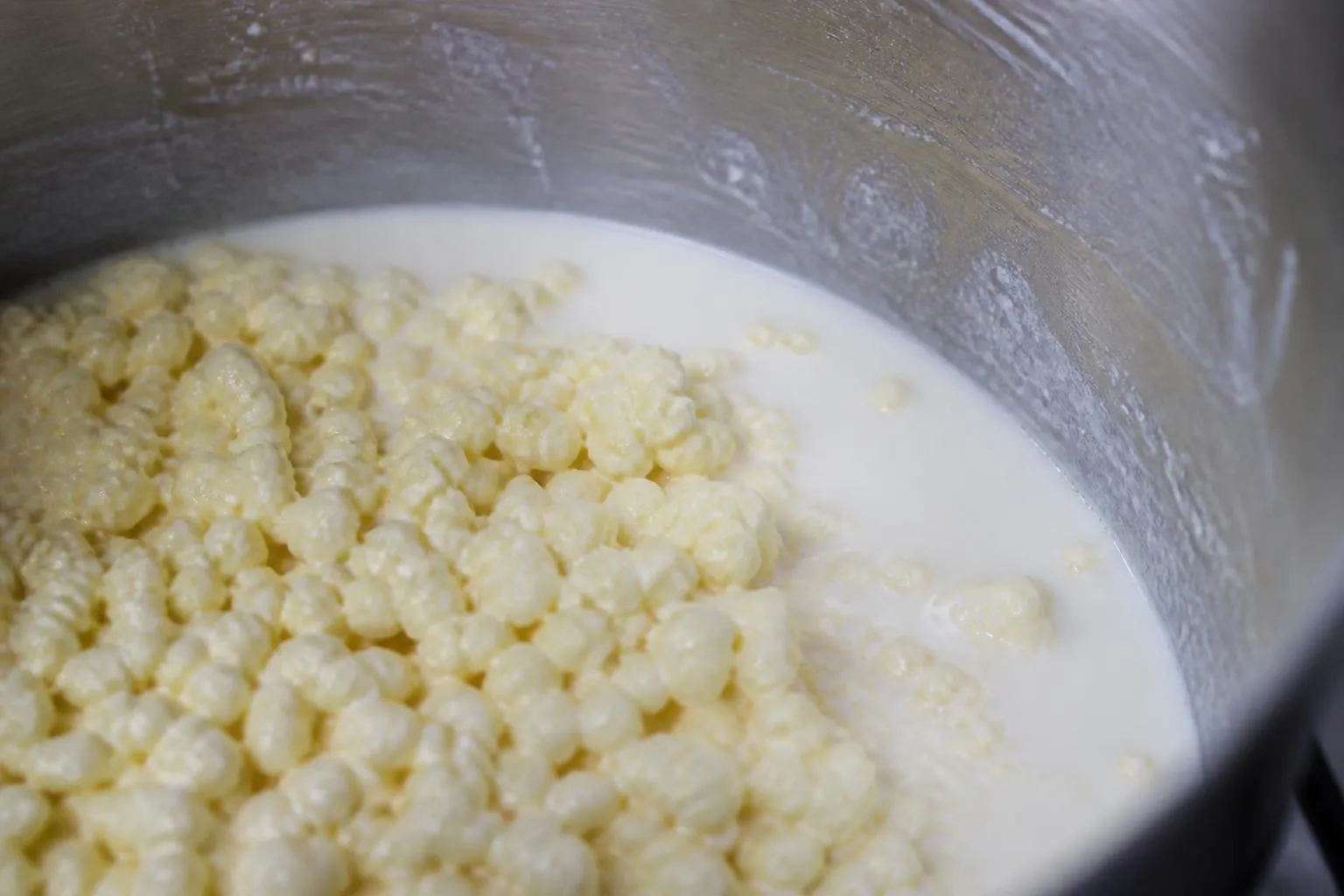 Grains de beurre jaune pâle agglomérés dans le babeurre, au fond d’une cuve de baratte en inox