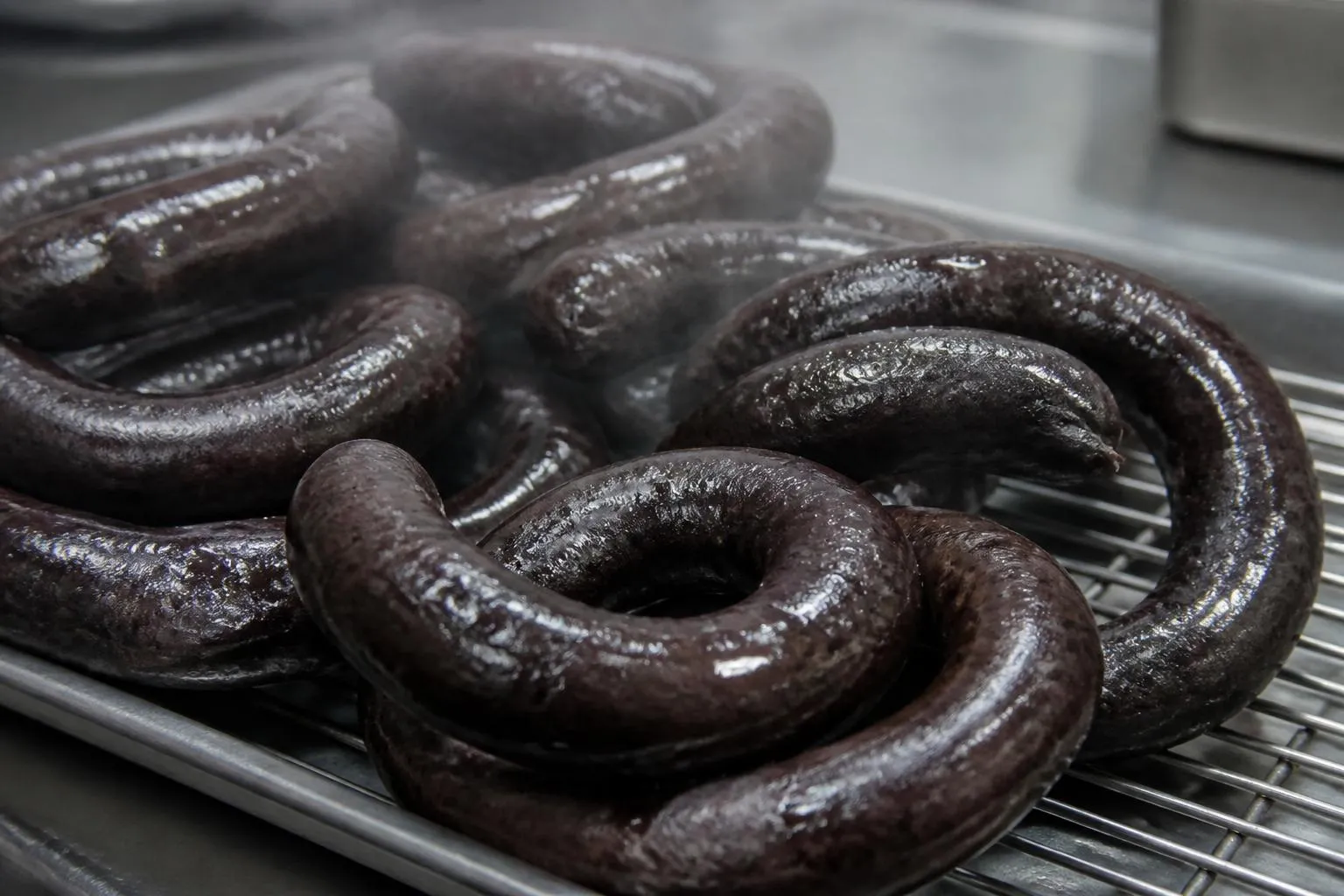 Des brasses de boudin noir enroulées sur une claie inox à la sortie du bac de pochage.