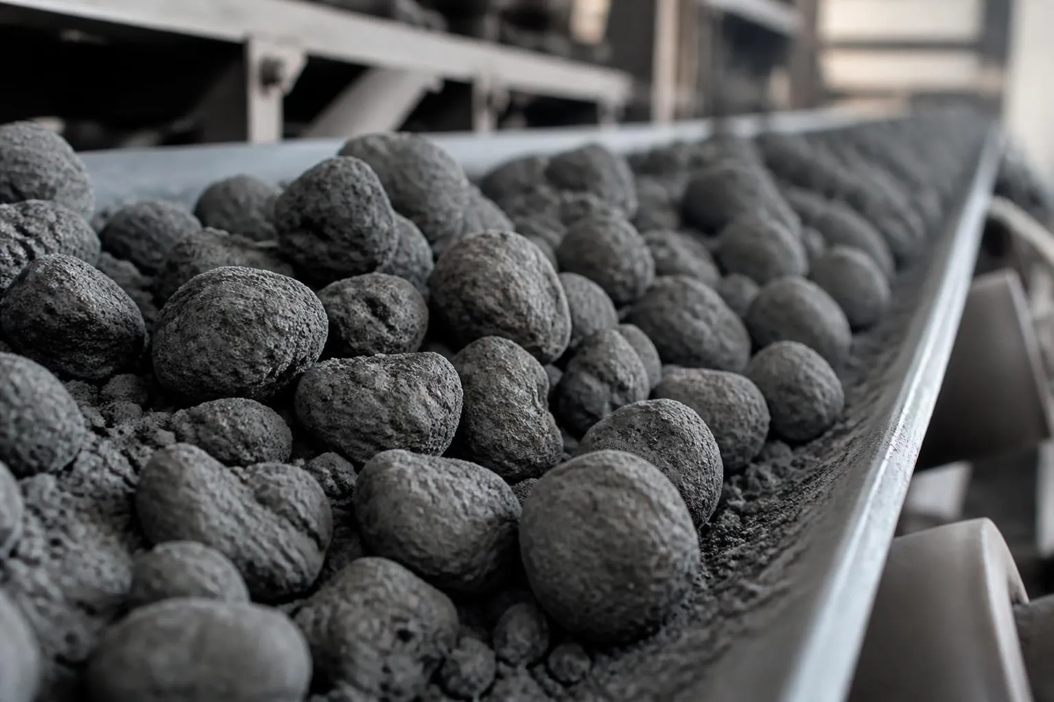 Billes de clinker grises et irrégulières en tas, de la taille d’une noisette