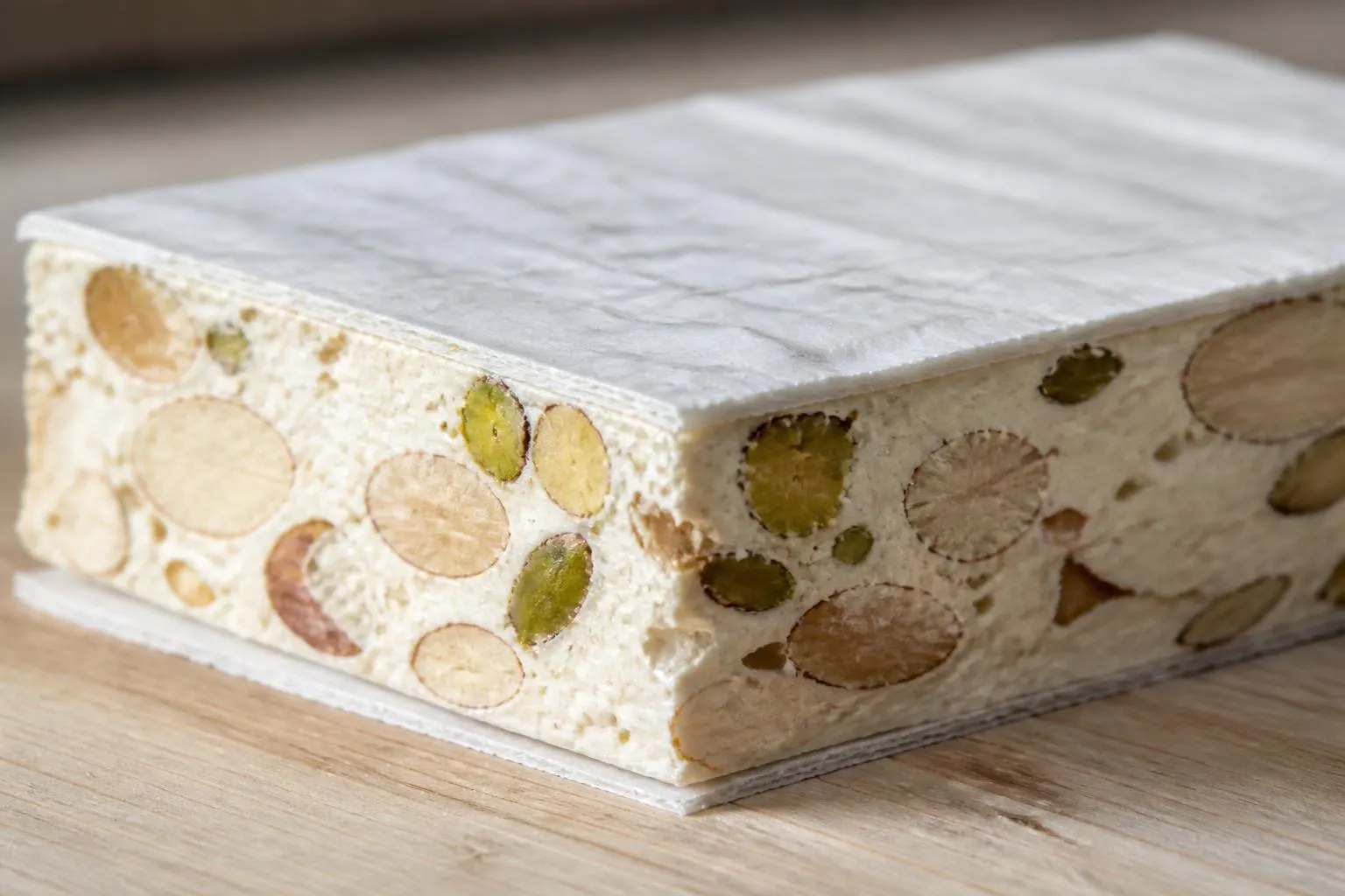 Tranche de nougat blanc coupée net, feuille de pain azyme sur les deux faces et amandes entières prises dans la pâte.