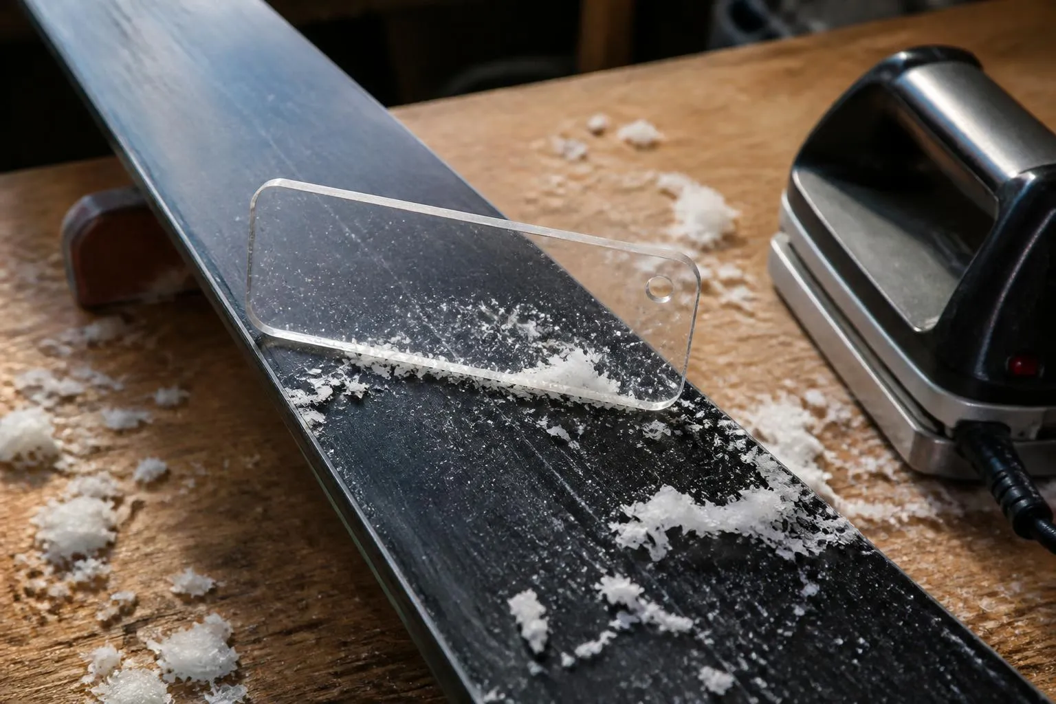 Racloir en plexiglas posé sur une semelle de ski couverte de paraffine, copeaux blancs sur l’établi
