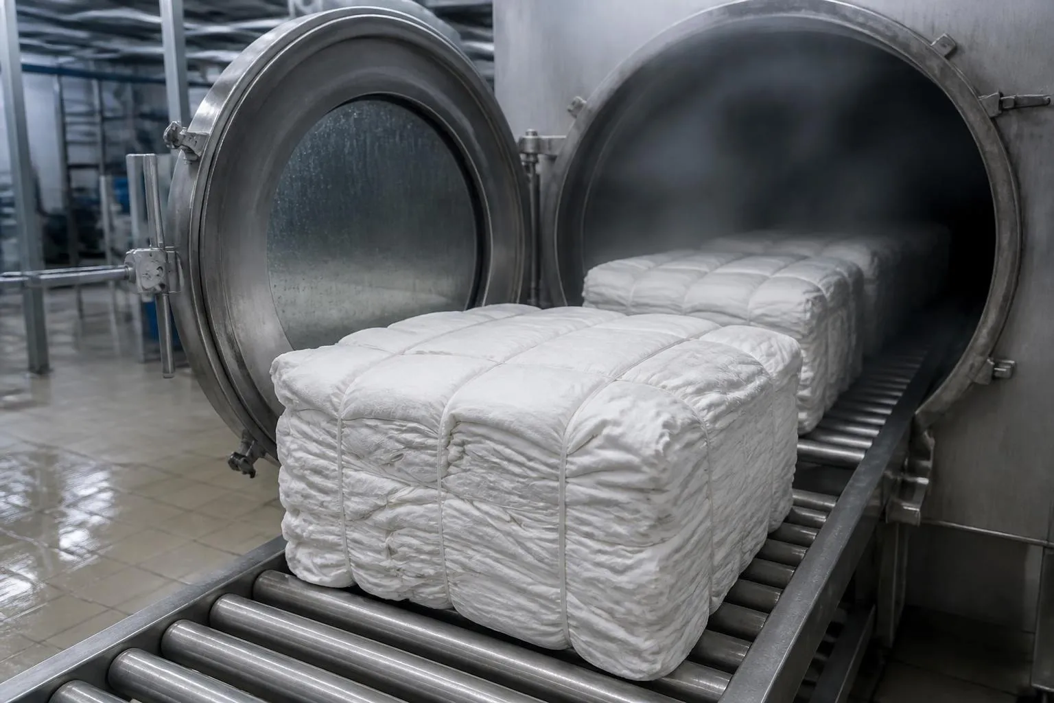 Galettes de linge blanc compactées à la presse, empilées sur un tapis à rouleaux devant la porte ouverte d’un tunnel de lavage.