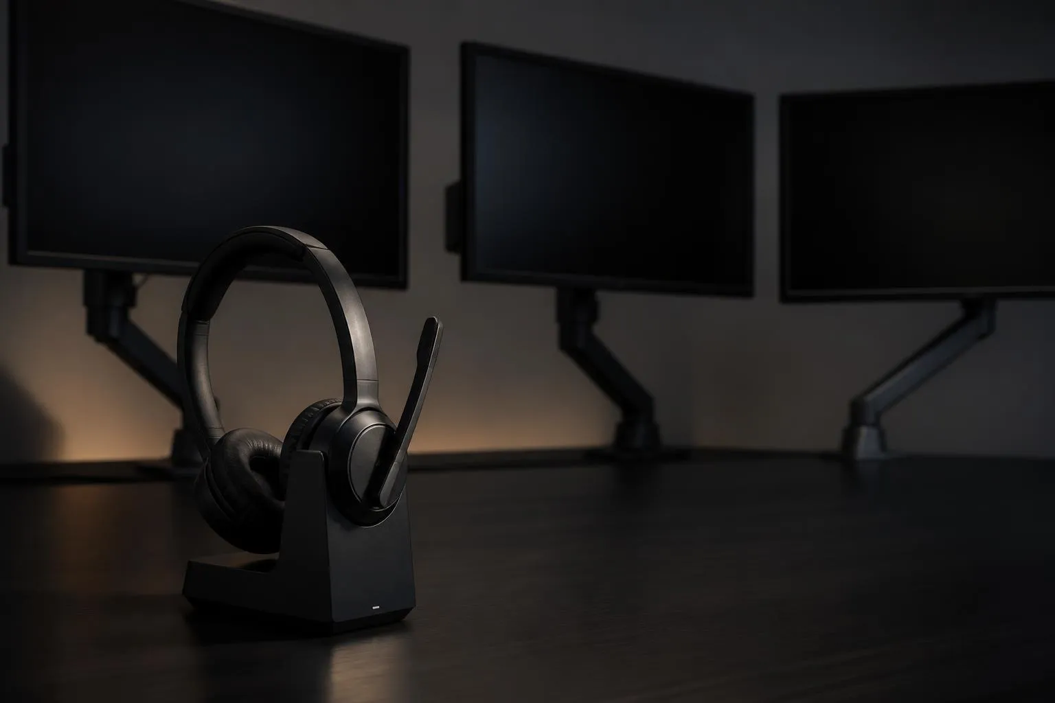 Un casque téléphonique sans fil posé devant trois écrans sombres sur un poste de régulation réglable en hauteur.