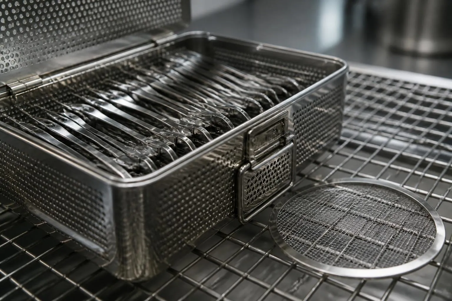 Boîte d’instruments chirurgicaux en inox ouverte sur un panier grillagé, filtre de conteneur posé à côté.