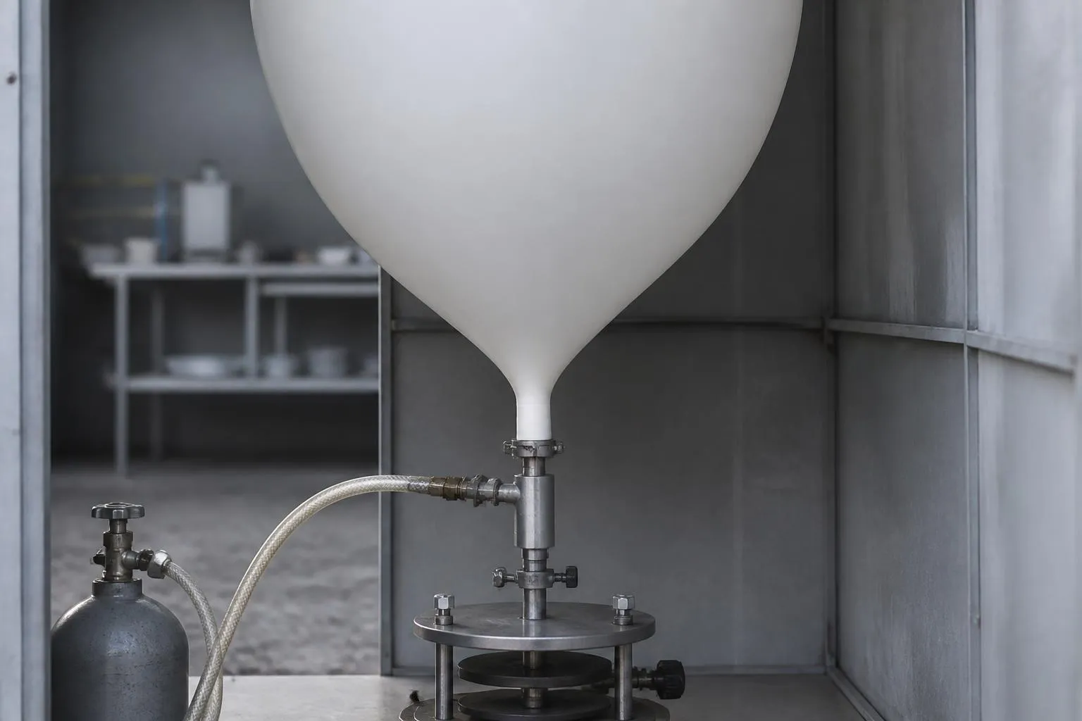 Ballon de latex blanc gonflé dans un abri de gonflage, col ligaturé et dévidoir accroché.