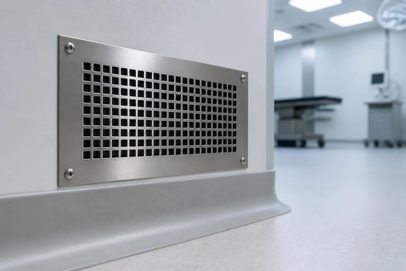 Une grille de reprise d’air en inox posée en bas de cloison dans une salle d’opération, cadre à vis apparentes et filtre plissé visible derrière les perforations.