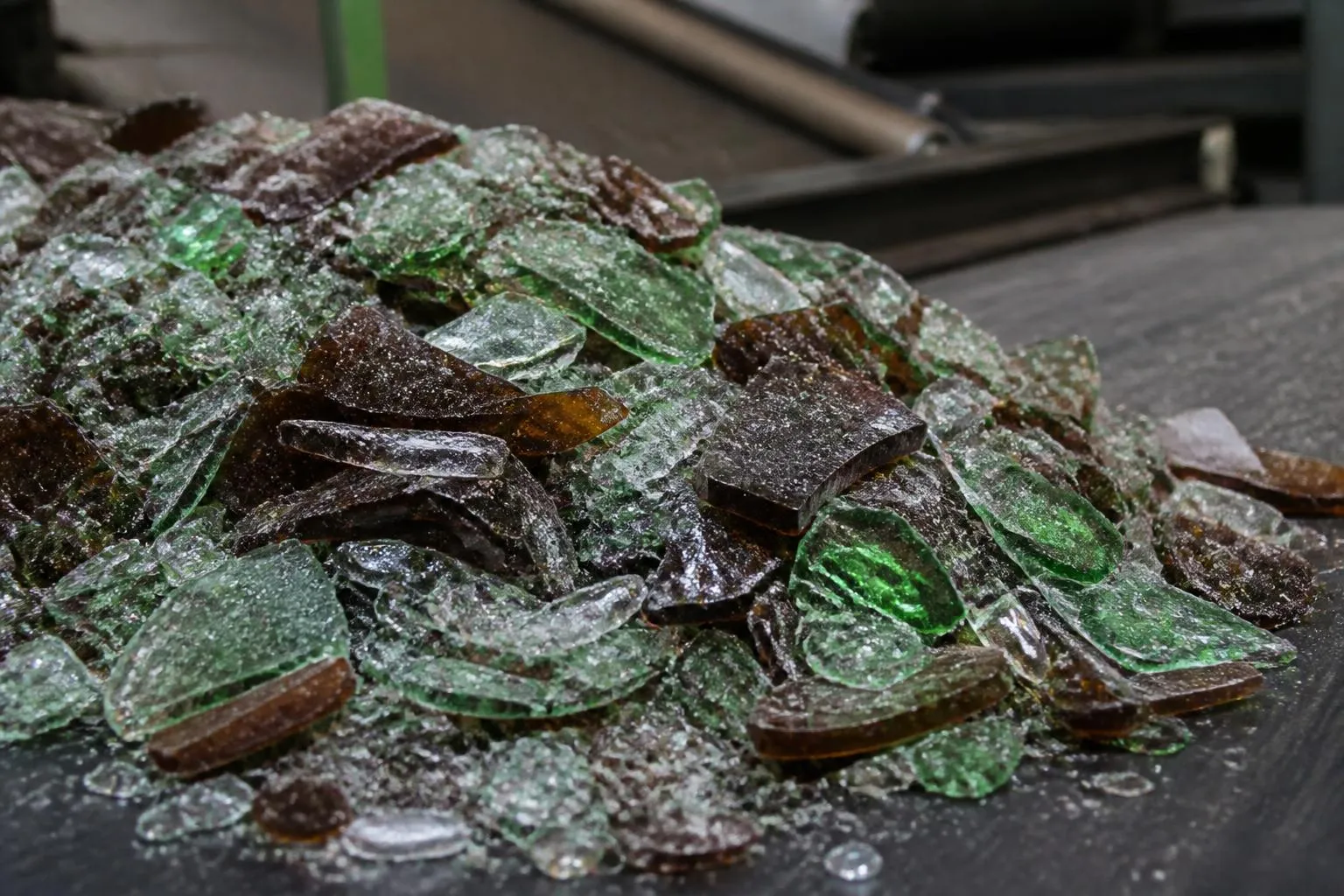 Tas de calcin de verre concassé, éclats verts et bruns mêlés, sur un tapis d’atelier.